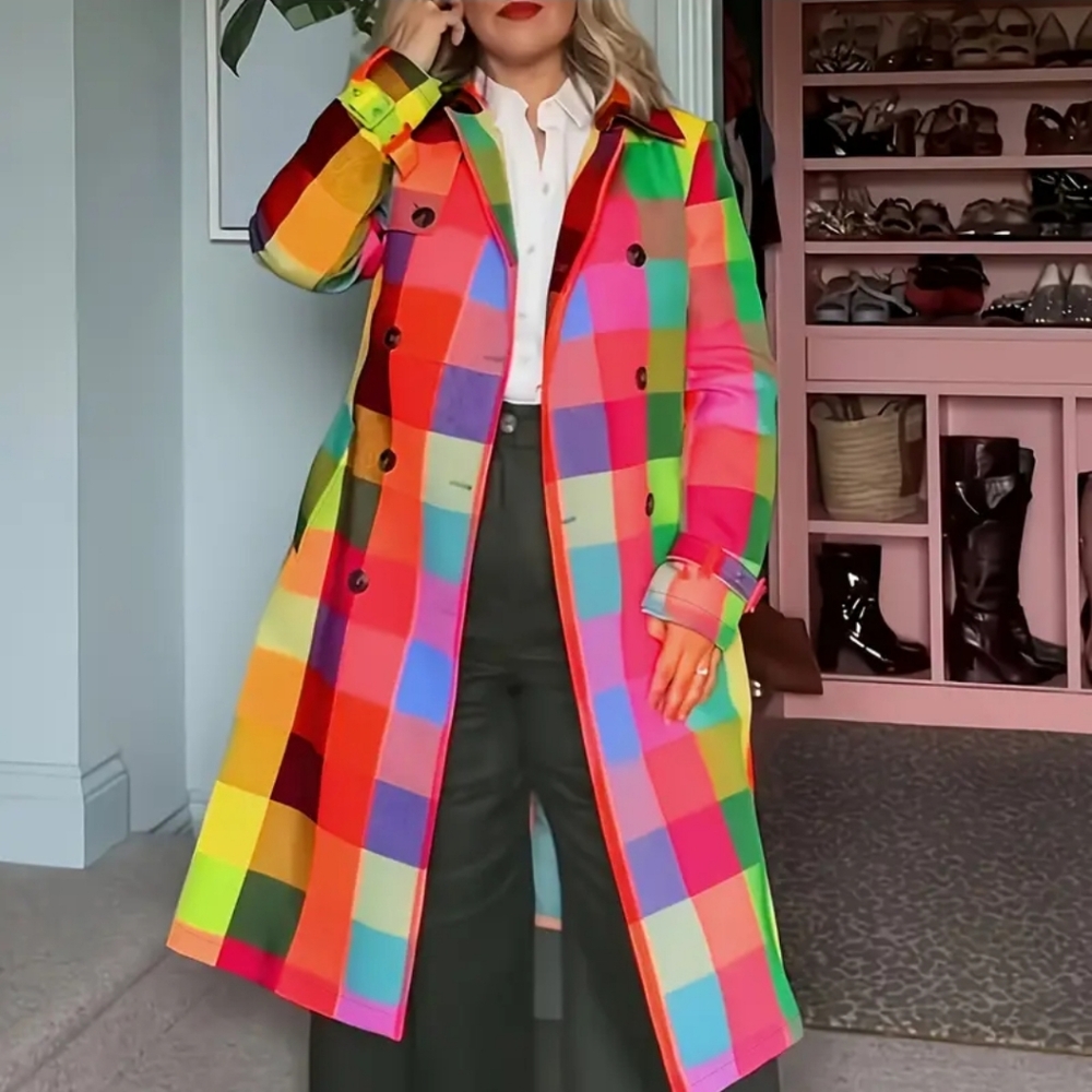 Rainbow Plaid Double Button Ladies Rain Coat. - Picture 8 of 10